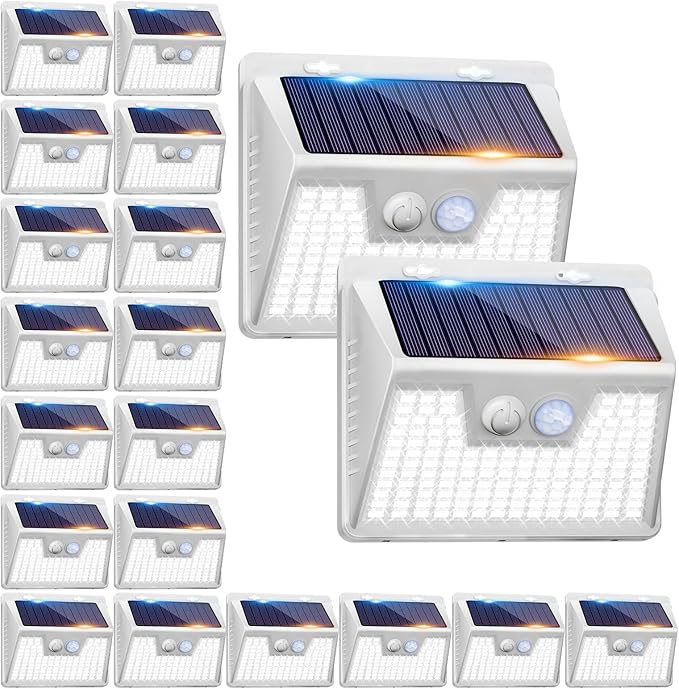 Peasur Solar Outdoor Lights [20 Pack/140LED], 3000K Solar Motion Sensor Outdoor Powered Security Lights 3 Working Modes Waterproof for Outside Garden Yard, White Frame
