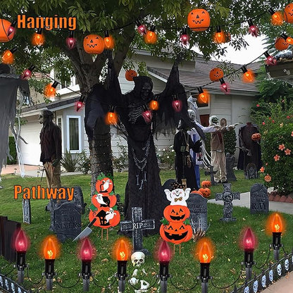 C9 Outdoor Halloween Pathway Lights - 19.5Ft Orange & Black Bulbs with 10 Stakes, Connectable Waterproof Markers for Yard, Lawn & Garden Decor