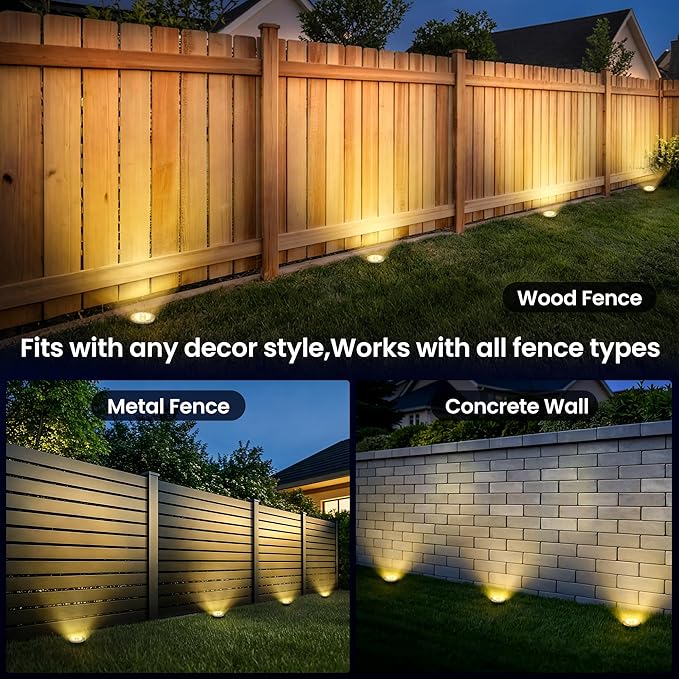GIGALUMI Solar Ground Lights - No-Drill Fence Lighting Solution, Waterproof Perimeter Lights Compatible with Wood, Metal & Concrete Fences (20 Pack Warm White)