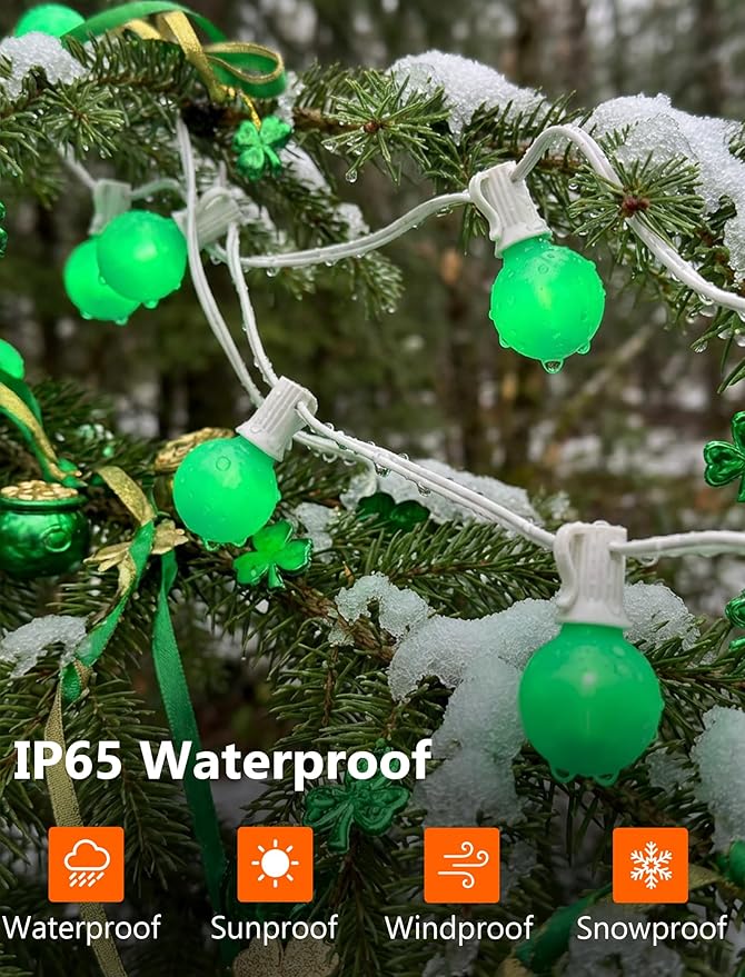 25FT G40 LED Outdoor St. Patrick's Day Green String Lights, St. Patrick's Day Decorations Lights with 27 Shatterproof Globe Bulbs, Hanging Patio Lights for Backyard Garden Party Wedding Christmas