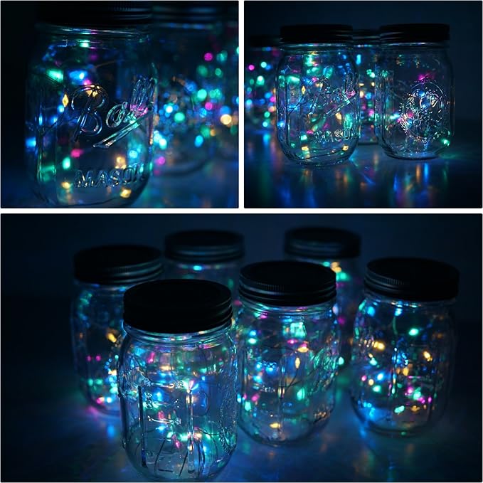 Miaro 6 Pack Mason Jar Lights, 10 LED Solar Colorful Flicker Fairy String Lights Lids Insert for Garden Deck Patio Party Wedding Decorative Lighting Fit for Regular Mouth Jars