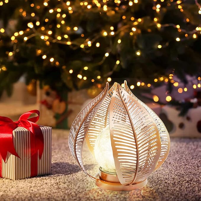 HPC Decor Solar Lights Outdoor Garden, Crackle Globe Glass,Metal Palm Leaf Solar Lights for Outside, Pathway Lights Waterproof LED Outdoor for Patio,Yard,Porch Decor,Gardening Gifts for Women/Mom.