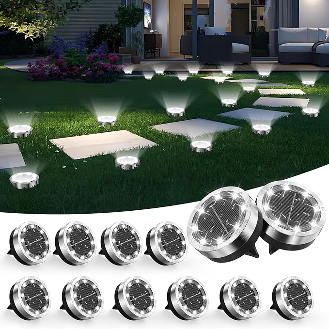 Solar Ground Lights Outdoor, 12 Pack Solar Lights Outdoor Waterproof, Mini Flat Solar-Powered Garden Light, Landscape Lighting for Garden Yard Lawn Pathway Walkway Driveway Backyard Decor, Cold White