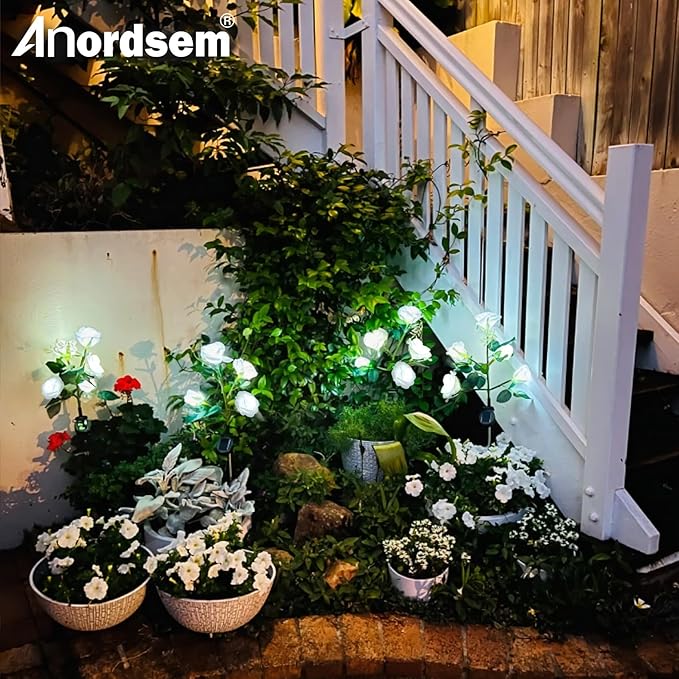 Anordsem Solar Garden Lights Outdoor: 10 Waterproof Fabric Roses 2 Pack - White LED Flower Decorations for Yard Patio Path Cemetery Grave - Mother's Day Gifts for Her Women Mom Wife