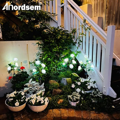 Anordsem Solar Garden Lights Outdoor: 10 Waterproof Fabric Roses 2 Pack - White LED Flower Decorations for Yard Patio Path Cemetery Grave - Mother's Day Gifts for Her Women Mom Wife