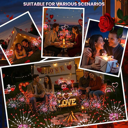 6 Pack Valentine's Day Solar Lights Outdoor, Solar Garden Lights Outside Fairy Firework Decorative,Solar Powered for Wedding,Yard Pathway Party Balcony Patio Decor (Red, White, Pink)