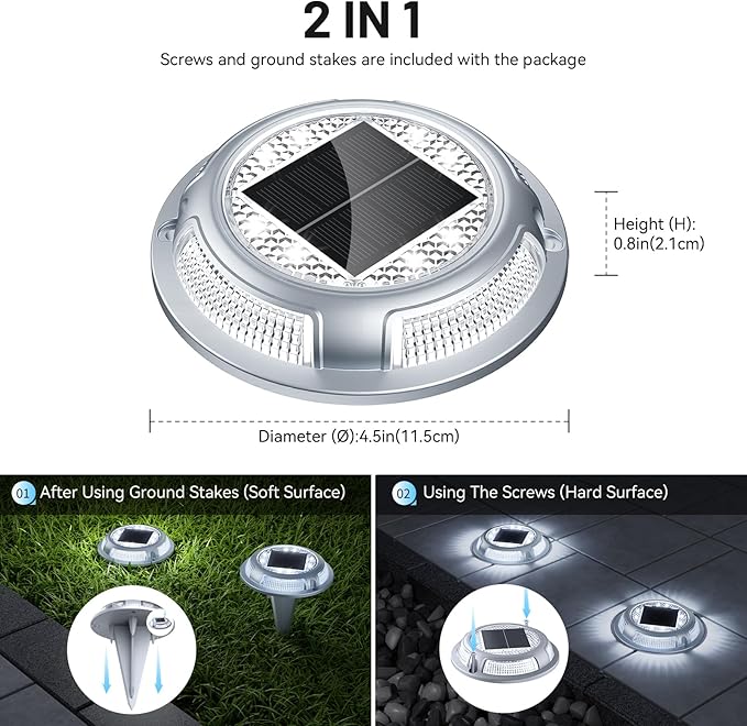 Solar Driveway Lights, 8 Pack Heavy Duty Driveway Lights Solar Powered 2 Color Mode (Cool/Warm White) IP68 Waterproof Outdoor Solar Deck Lights with Ground Stake for Pathway Garden Yard Walkway Dock