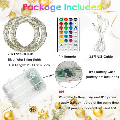 2 Pack St. Patrick's Day Fairy Lights Battery Operated, 20FT 60LED RGB Color Changing String Lights, Christmas Twinkle Light with Timer and Remote for Indoor & Outdoor St. Patrick's Day Decorations