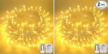 JMEXSUSS 33ft 100 LED Warm White Christmas Lights Outdoor, Battery Power String Lights Waterproof, Twinkle Fairy Mini Lights with 8 Modes Remote Indoor (Pack of 2)