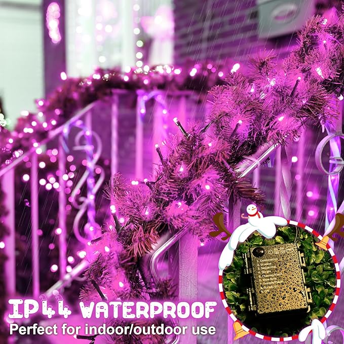 Pink Christmas Lights Outdoor Battery Operated String Lights Total 100LED 33Ft with Timer 8 Modes 16.4Ft*2 Waterproof Outdoor Indoor for Christmas Decor, Pink, 2-Pack