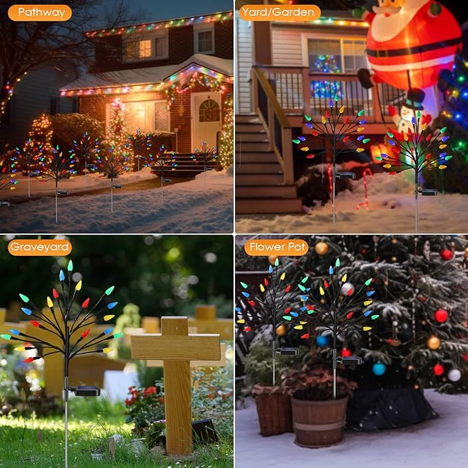 Solar Christmas Lights Outdoor Waterproof, Solar Powered Xmas Stake Lights Decorations with 20 Colored Strawberries and 2 Modes for Outside, Pathway, Yard, Walkway, Lawn, Grave, Holiday Decor(2 Pack)