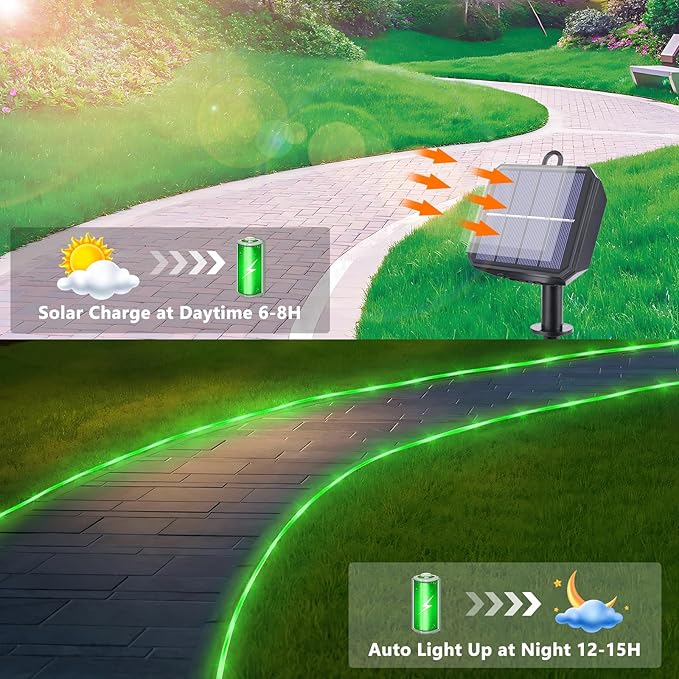 Solar Rope Lights, 33ft 100LED Solar String Lights, 8 Modes Waterproof Solar Powered Outdoor Light, Flexible Clear Tube Light for Garden Backyard Patio Deck Porch Pool Tree Christmas Decoration -Green