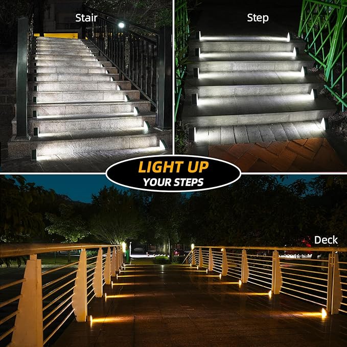 NIORSUN Solar Step Lights 8 Pack - Outdoor Stair Lights with 3000K Warm White & 6000K Cool Daylight, IP67 Waterproof, Auto On/Off, Super Bright for Deck, Patio, Steps