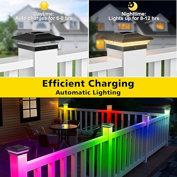 T-SUN Solar Post Cap Lights with Auto-Change Colors- for Vinyl/Wooden Posts IP65 Weatherproof Outdoor Solar Fence Post Lights for Deck, Porch, Garden & Stairs(24-Pack,RGB)