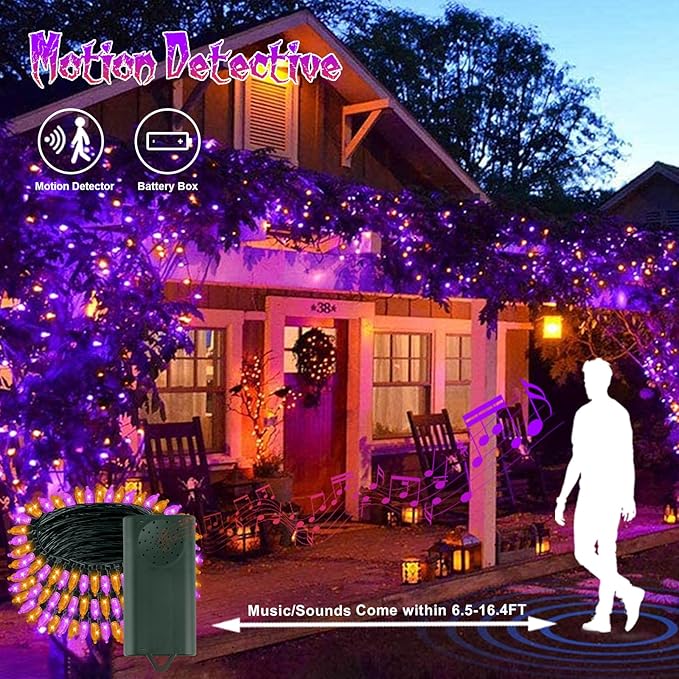 Tcamp Battery Operated Halloween Lights Motion Activated Sync with Music, 33FT 100 LED Orange Purple String Lights with Spooky Music for Outdoor Indoor Halloween Decor (6 Lighting Modes)