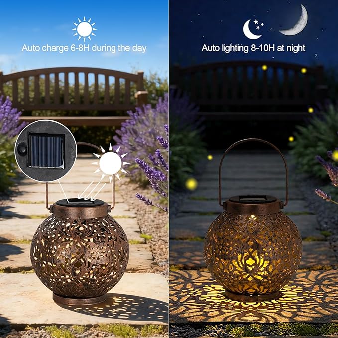Homemory 2 Pack Solar Lanterns Outdoor Waterproof Hanging Lantern Decorative Outside Lights for Pathway, Patio, Backyard, Porch, Lawn (Bronze)