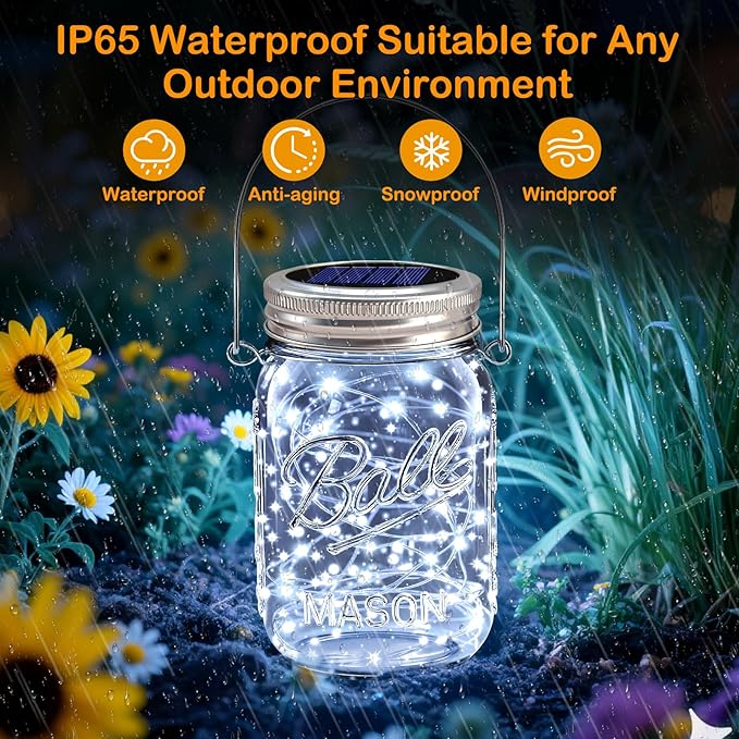 VOOKRY Solar Mason Jar Lights - 10 Pack 30 Led Solar Mason Jar Lids Outdoor Fairy Lights with 10 Hangers Waterproof for Jars DIY Party Patio Garden Table Wedding Decoration Cool White(No Jars)
