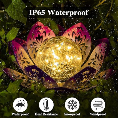 Huaxu Solar Lights Outdoor Decorative-Bright Purple Lotus Flower Table Lamp,Glass Globe 30 LED Waterproof Metal Decorations Gifts for Mom Women Garden Patio Pathway Yard Balcony Outside Decor