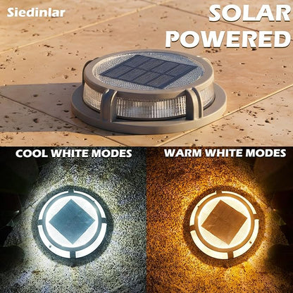 SIEDiNLAR Solar Deck Lights Outdoor 2 Modes 16 LEDs Dock Light Driveway Markers Solar Powered Waterproof for Ground Step Pathway Walkway Stair Garden Road Yard 12 Pack (Cool White/Warm White)