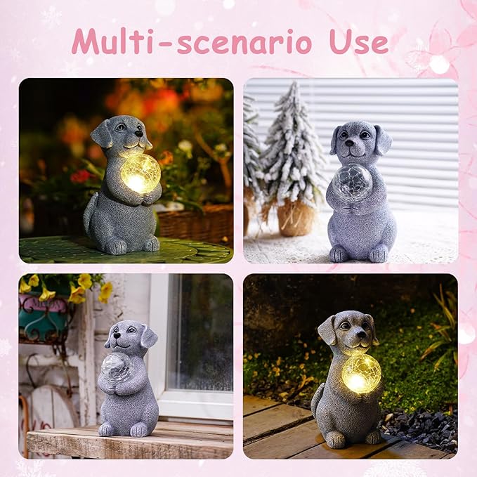 Dog Garden Statues - 8.4 Dog Decor with Gazing Ball LED Lights, Unique Gifts for Mom Grandma Birthdays, Outdoor Decor for Outside Lawn Porch Patio (Gray)