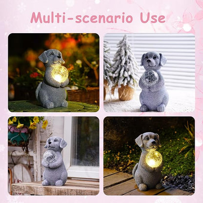 Dog Garden Statues - 8.4 Dog Decor with Gazing Ball LED Lights, Unique Gifts for Mom Grandma Birthdays, Outdoor Decor for Outside Lawn Porch Patio (Gray)