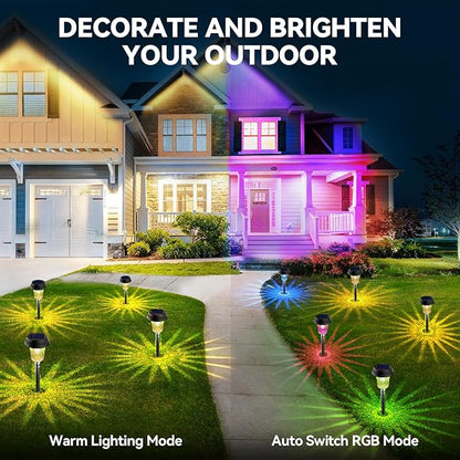 TECKNET 8 Pack Solar Powered Pathway Lights, Auto On/Off Color Changing Solar Stake Lights Outdoor with Warm White & RGB Colored, IP68 Waterproof Pathway Light Outdoor for Yard Walkway Lawn