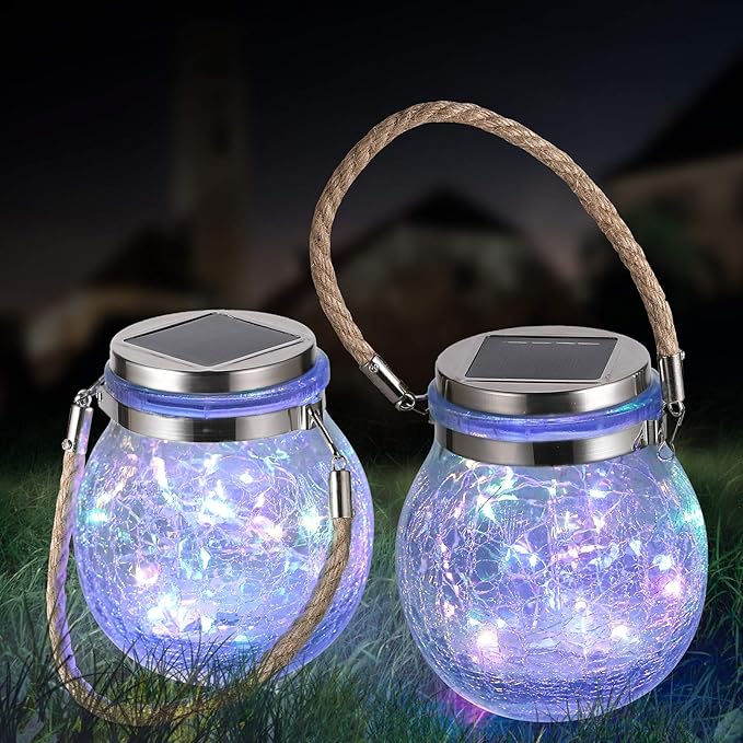 Solar Hanging Lanterns Outdoor Waterproof, Table Lamps Decorative Cracked Glass Jar 30 LED Lights for Garden Tree Court Yard Patio Pathway Christmas Day Holiday Party Decoration (2, Colors)