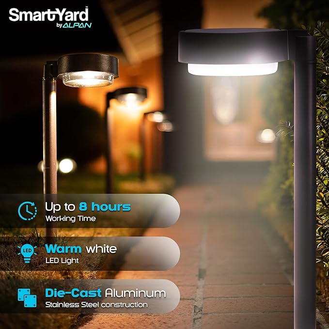 Solar Pathway Lights – 4 Pack, 6 Lumens LED, Warm White Light, Weather-Resistant Aluminum & Stainless Steel, Outdoor Garden Lighting, Easy Stake Installation, Waterproof, Durable for Yard & Pathways