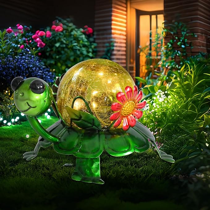 MUMTOP Solar Lanterns Outdoor Waterproof - Colorful Metal Turtle Solar Lights Decorative, Glass Tortoise Light Tabletop Lantern Lamp Ornaments for Yard Patio Garden Outside Decorations