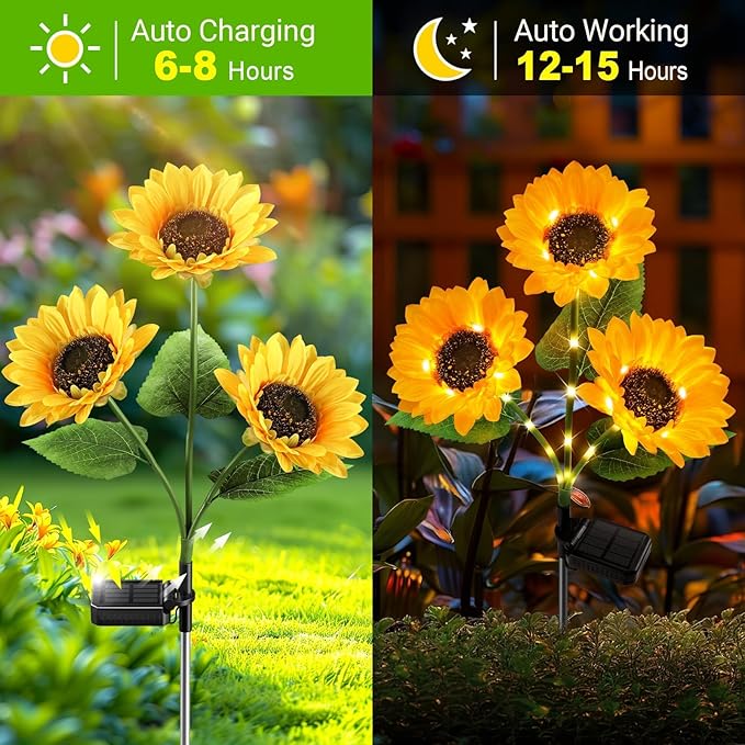 KOOPER Solar Lights Outdoor Decor - Upgraded 8 Pack Solar Garden Lights with 24 Sunflower Lights, Waterproof Solar Outdoor Lights Auto ON/Off Solar Decorative Lights for Garden, Patio, Yard