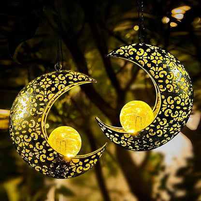Solar Garden Hanging Moon Lights Outdoor Decor,2 Pack Metal Lanterns Art Decorations for Outside Yard Lawn Patio Wall Fences Driveway Trail,Unique Housewarming Gardening Gifts for Women Mom