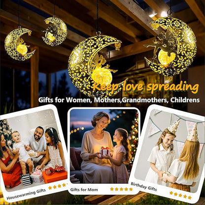Solar Garden Fairy Statues Decor Hanging Lights,Outdoor Moon Decorations Metal Yard Art,Housewarming for Patio,Wall,Fences,Trail,Great Gift Idea for Gardening Mom and Grandma