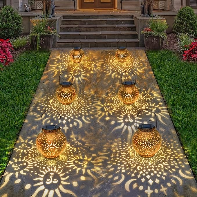 Go2garden 2Pack Solar Lanterns Outdoor Waterproof Garden Gifts for Mom Moon Star Sun Solar Lights for Balcony, Yard,Birthday Mothers Day Gifts for Grandma Wife (Bronze)