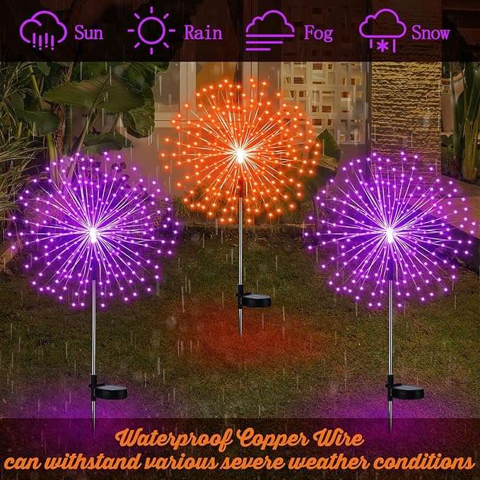 6 Pcs Christmas Solar Firework Stake Lights 180 LED 8 Modes Solar Waterproof LED Sparkler Lights Outdoor Decoration for Christmas Holiday Garden Patio Yard Pathway Walkway, Orange, Purple