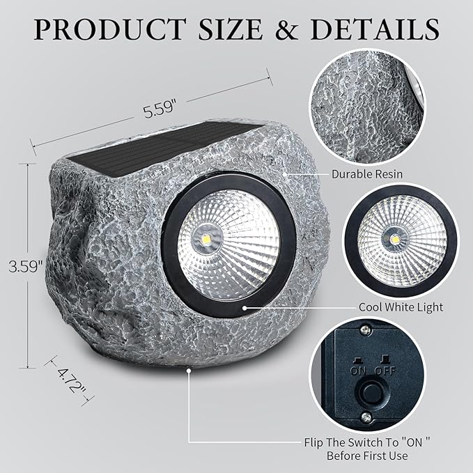 Solar Rock Lights Outdoor 1 Pack, Bright Solar Spotlights Outdoor Waterproof, Wireless LED Rock Lights, Auto On/Off Landscape Spotlights Walkway Solar Lights for Outside Yard Patio Pathway Flowerbed