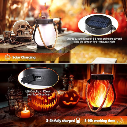 Solar Flame Lantern Hanging Outdoor Waterproof - 2 Pack Flame Lanterns with Dual Charging Modes of Solar & USB for Garden or Yard Decorations (Red - 2 Pack)