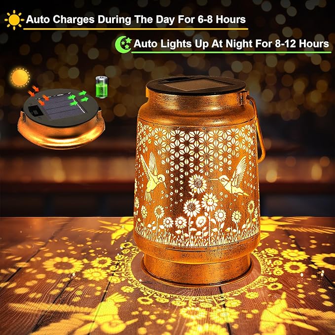 Solar Lanterns Outdoor with Shepherd Hook Waterproof Hummingbird Sunflower Garden Decor, LED Hanging Lights Metal Decor for Yard, Patio, Tabletop, Lawn, Perfect Christmas Gift for Women, Mom, Grandma
