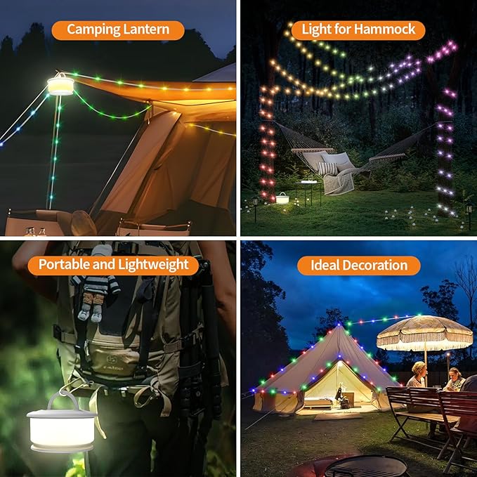 Camping String Lights, 3 in 1 Upgraded Retractable RGB Outdoor String Lights with 19 Lighting Modes, Quick 30s Recovery, 32.8 FT Portable Tent Lights, Rechargeable Camping Lantern (White)
