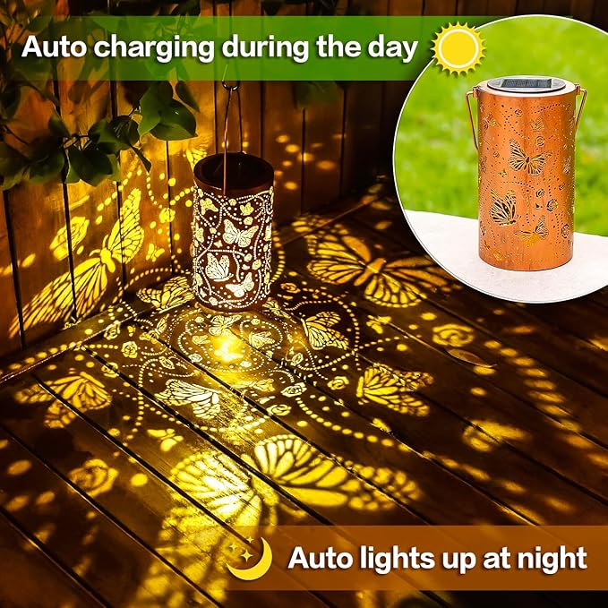 Butterfly Solar Lanterns Outdoor Waterproof Hanging Solar Lights Butterfly Gifts for Women Men Metal Decorative LED Lanterns for Garden Decor,Yard,Patio,Lawn,Tabletop,Pathway