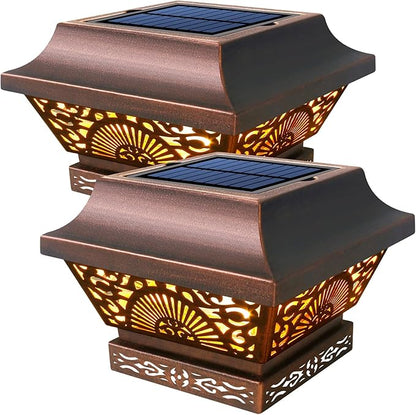 DenicMic Solar Post Lights 2 Pack Post Cap Solar Lights Outdoor Waterproof Metal 25 Lumen Warm White LED Lighting for 3.5x3.5 4x4 5x5 Wooden Fence Posts Deck Rail Yard Patio (Copper)