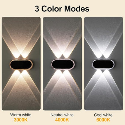 Fence Lights Solar Powered: Outdoor Wall Lighting IP65 Waterproof - Dual Focused LED Up Down - 3000K–6000K 3 Modes for Porch Backyard Patio - Diamond Crystal Cut Design 6 Pack