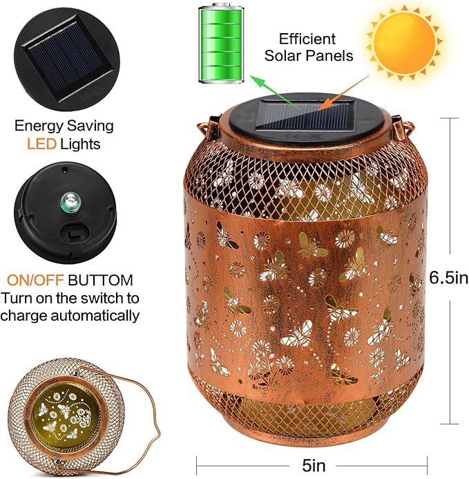 Bee Solar Lanterns Outdoor Waterproof Garden Decor Birthday Gifts for Mom Women Grandma Metal Hanging Solar Lights Outdoor Decoration for Patio,Yard,Porch,Backyard