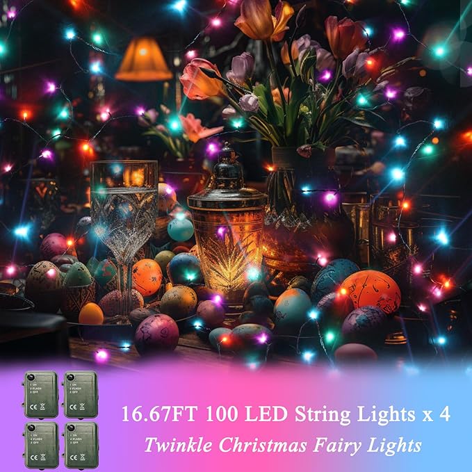 Easter String Lights Battery Powered, 4 Pack Total 66.6 FT 200 LED Colorful Pastel String Lights for Indoor Outdoor Decoration, Twinkle Fairy Light for Home Party Room Garden Party Decor