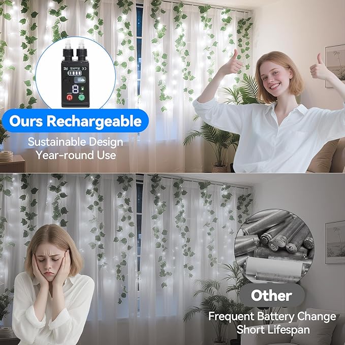 Lakumu 2-in-1 Fairy Lights Battery Operated, 200 LED String Lights with Remote & Timer, 66FT(2×33) Twinkle Lights for Bedroom Waterproof Indoor Outdoor Camping, Christmas Decorations, Cool White