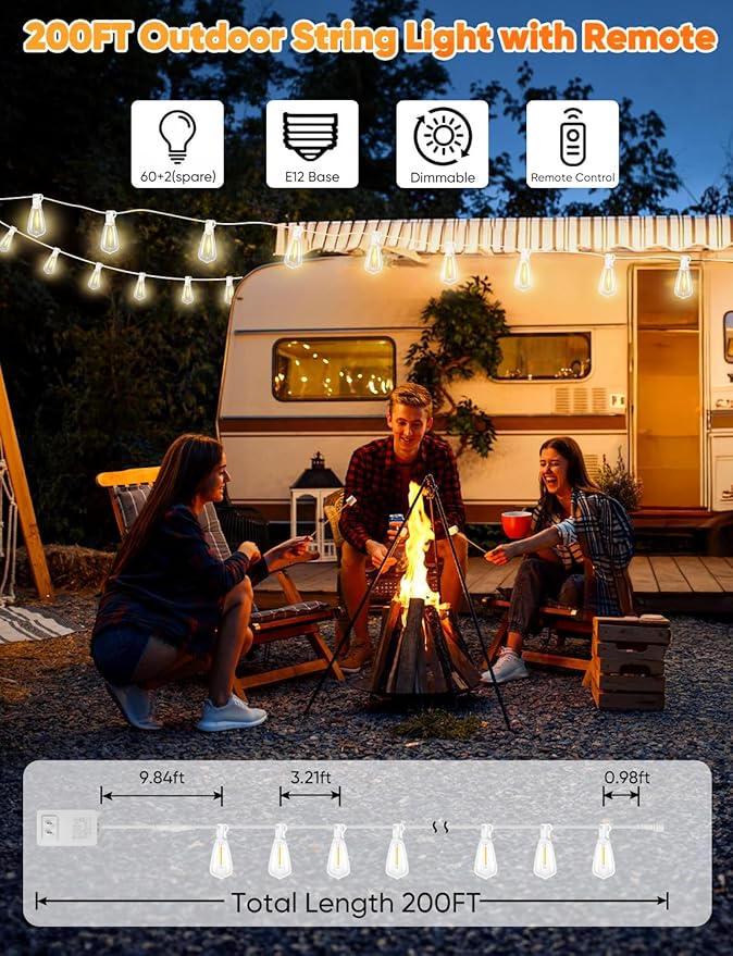200ft White Outdoor Edison String Lights, Weatherproof