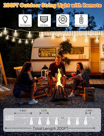Brightever Outdoor String Lights with Remote, 200FT LED Patio Lights with 62 ST38 LED Filament Bulbs, 3 Lighting Modes, 3H/5H Timer, Waterproof IP65 String Light for Outside, E12 Socket Base, White