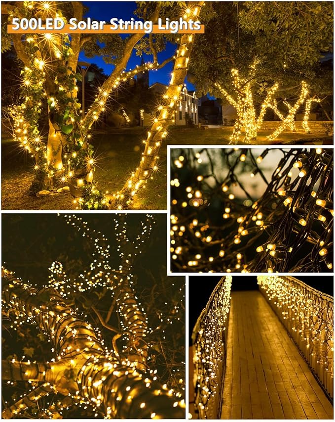 Upgrade 2Pack 500LED Solar String Lights Outdoor Waterproof, 180FT Solar Lights Outdoor String with 8 Modes, IP65 Waterproof Twinkle Christmas Light for Outside, Garden Tree Decoration, Warm White