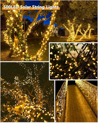 Upgrade 2Pack 500LED Solar String Lights Outdoor Waterproof, 180FT Solar Lights Outdoor String with 8 Modes, IP65 Waterproof Twinkle Christmas Light for Outside, Garden Tree Decoration, Warm White