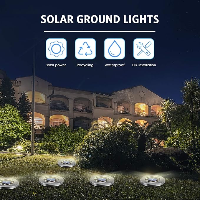 Solar Ground Lights 16 Packs, Garden Solar Outdoor Waterproof Pathway Bright In-Ground Landscape Lights for Patio, Lawn, Yard, Driveway, Step and Walkway White Light