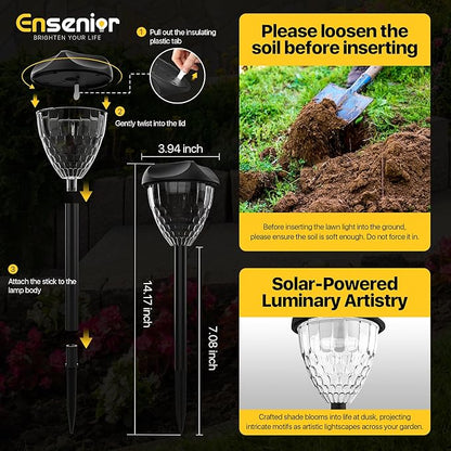 Ensenior Solar Pathway Lights Outdoor - 14.17" Height, 6500K LED Landscape Garden Lights, IP65 Waterproof, Tool-Free Auto ON/Off for Garden Yard Patio Walkway Landscape, 12-Pack
